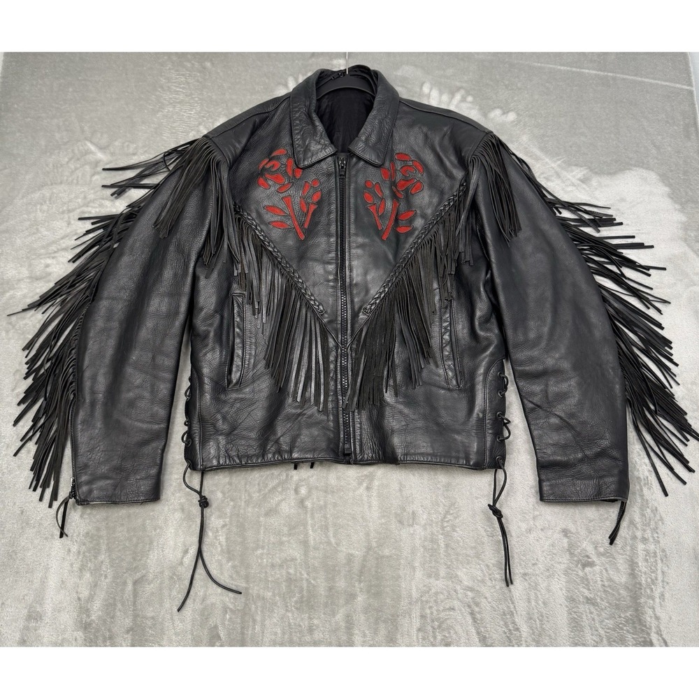 Vintage 80s Leather Fringe Jacket Womens Large / XL Black Red Rose Western Biker